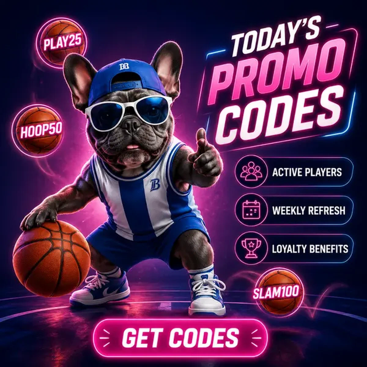 Promo code floating above BaxterBet as French bulldog dribbles basketball on sunset court