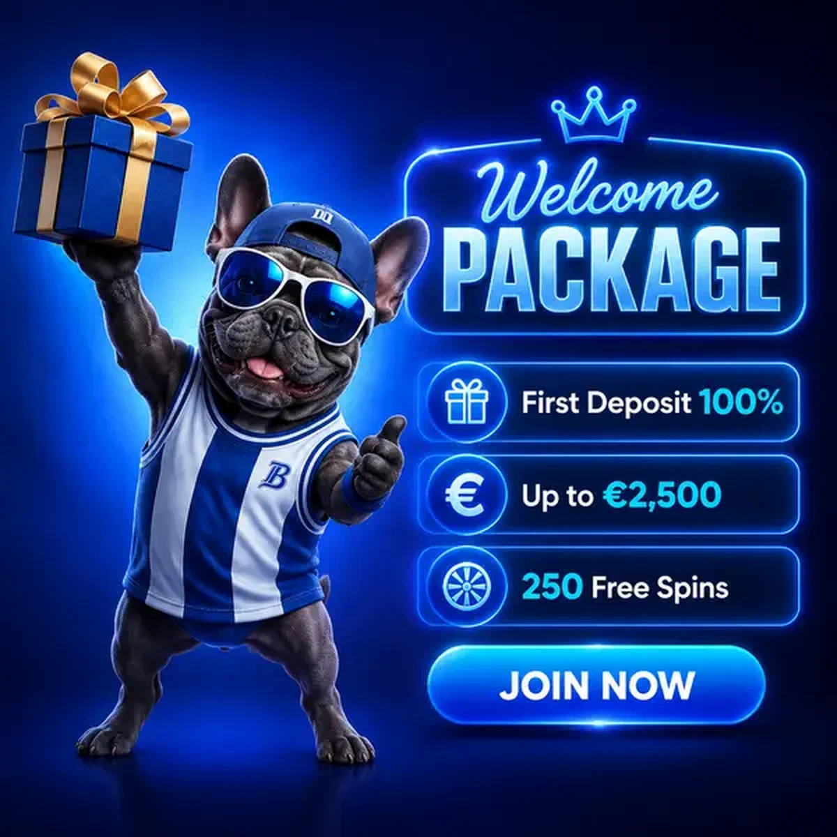 French bulldog mascot presenting welcome package at BaxterBet app signup
