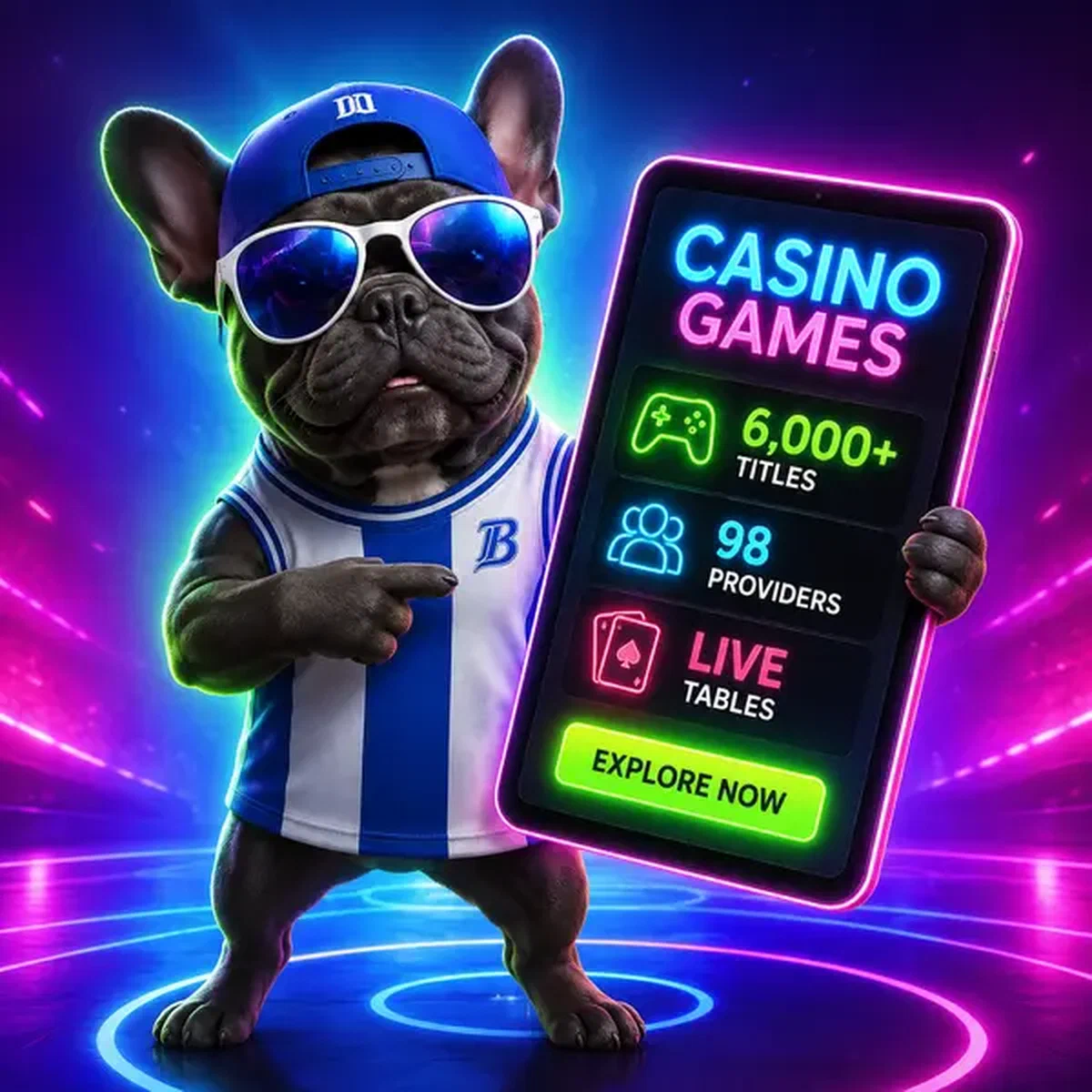 French bulldog showcasing BaxterBet Casino Games collection on glowing tablet screen