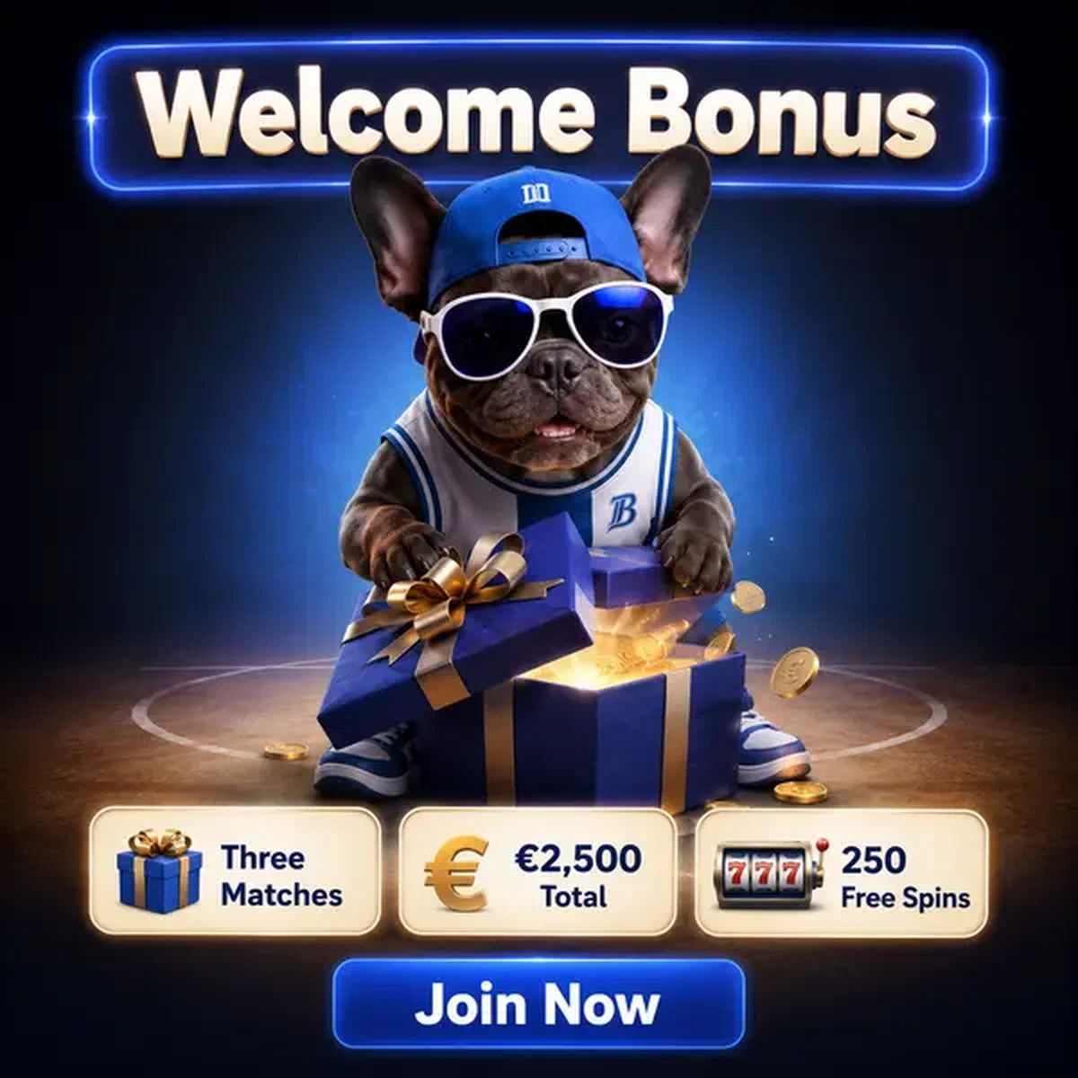 BaxterBet welcome bonus chest with golden coins spilling onto basketball court at dusk