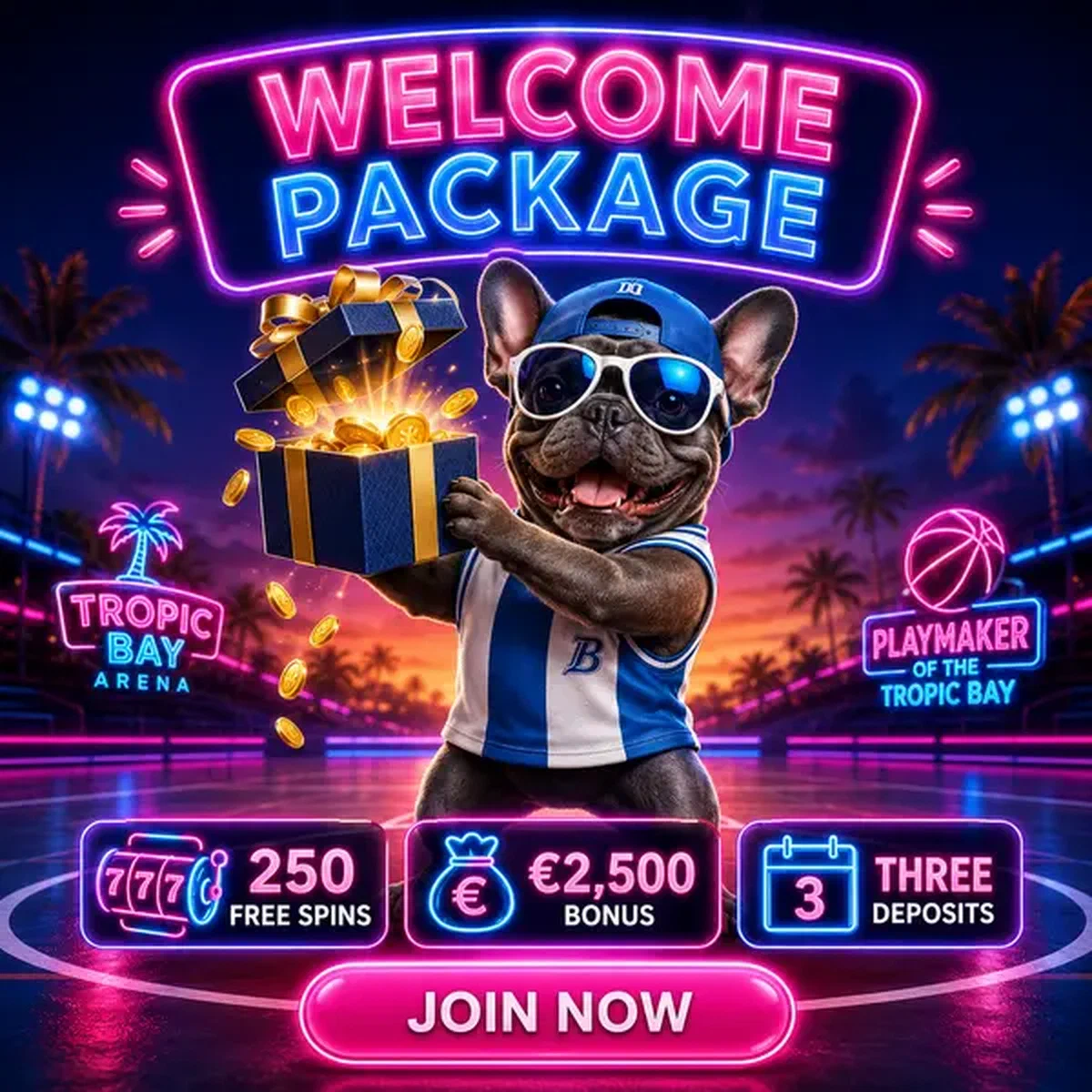 French bulldog in basketball jersey triumphantly holding gift box as player signs up for BaxterBet welcome package