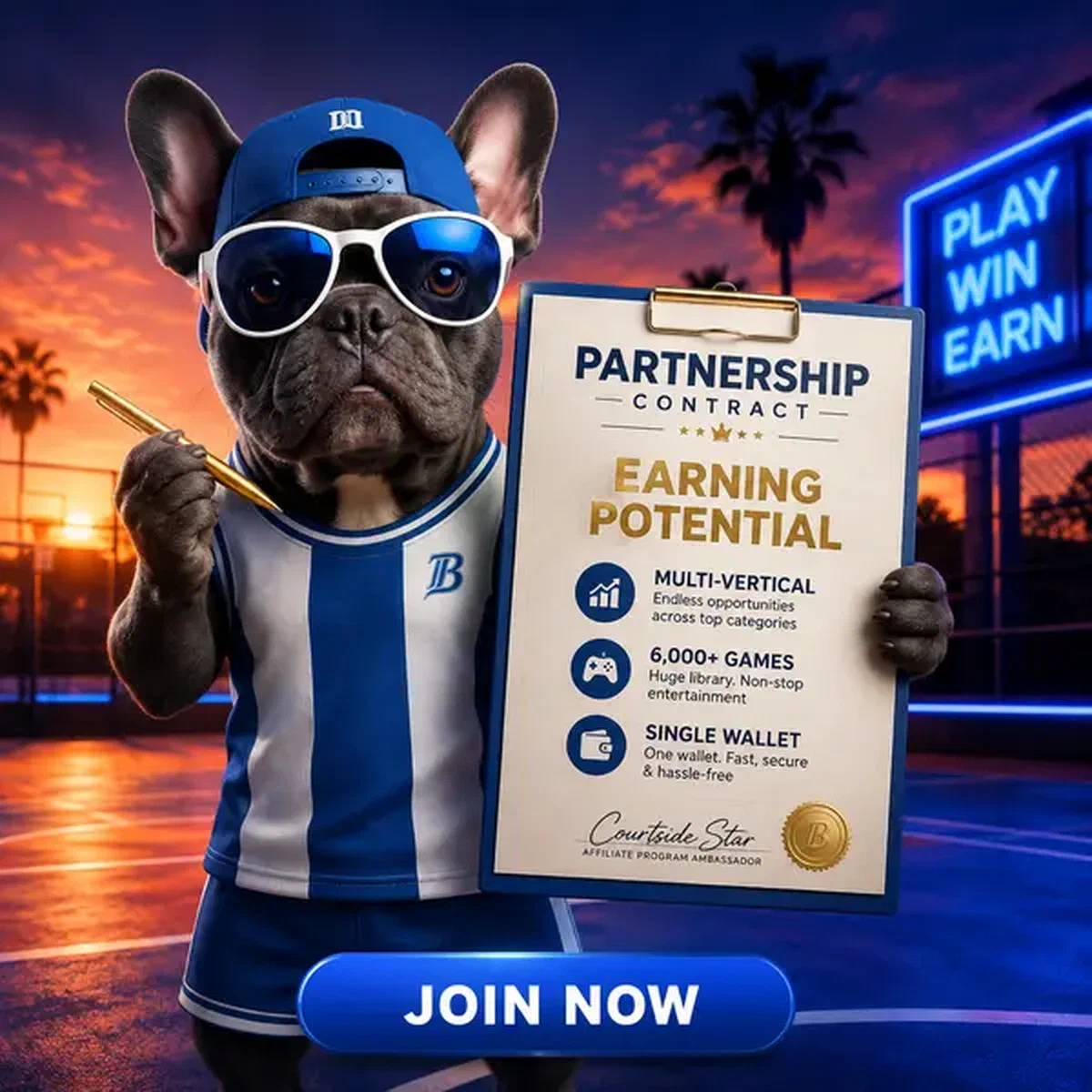 French bulldog affiliate ambassador holding partnership contract at basketball court signup