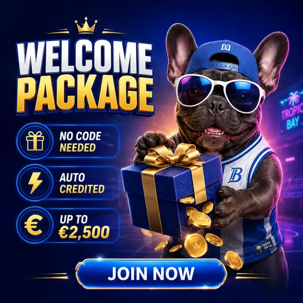 The Courtside Star presents BaxterBet Casino welcome package with golden coins spilling from gift box