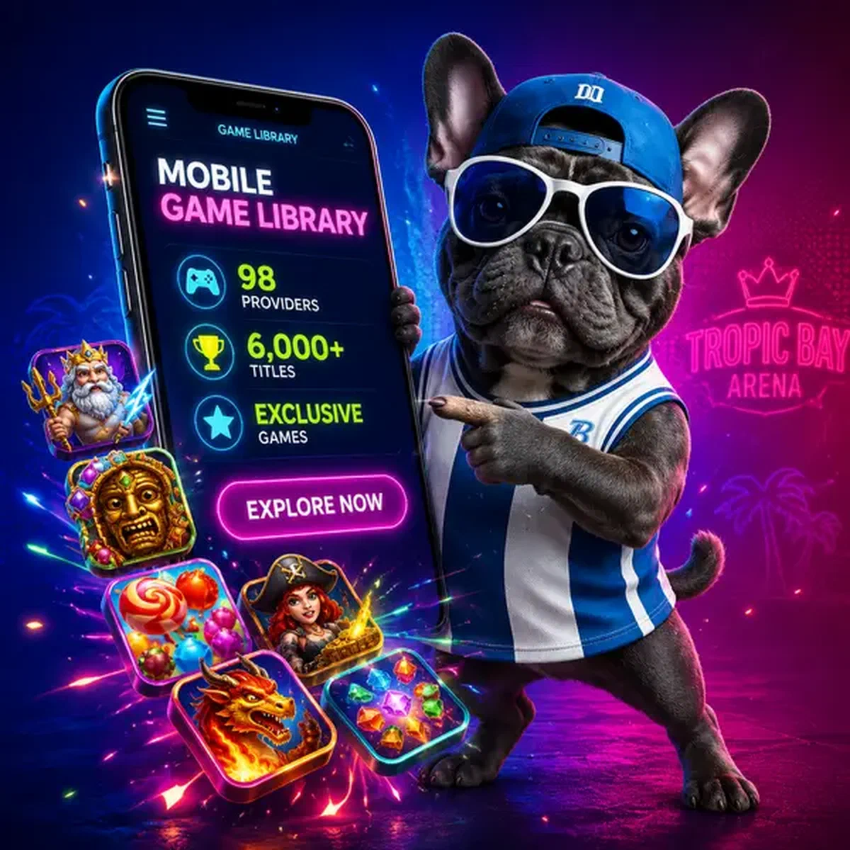 Player downloading mobile app as 6,000+ Games in Your Mobile App Lobby welcome screen glows