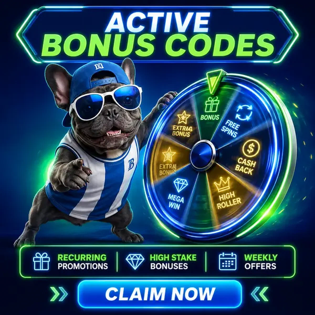 French bulldog spinning glowing bonus wheel at BaxterBet promotional arena