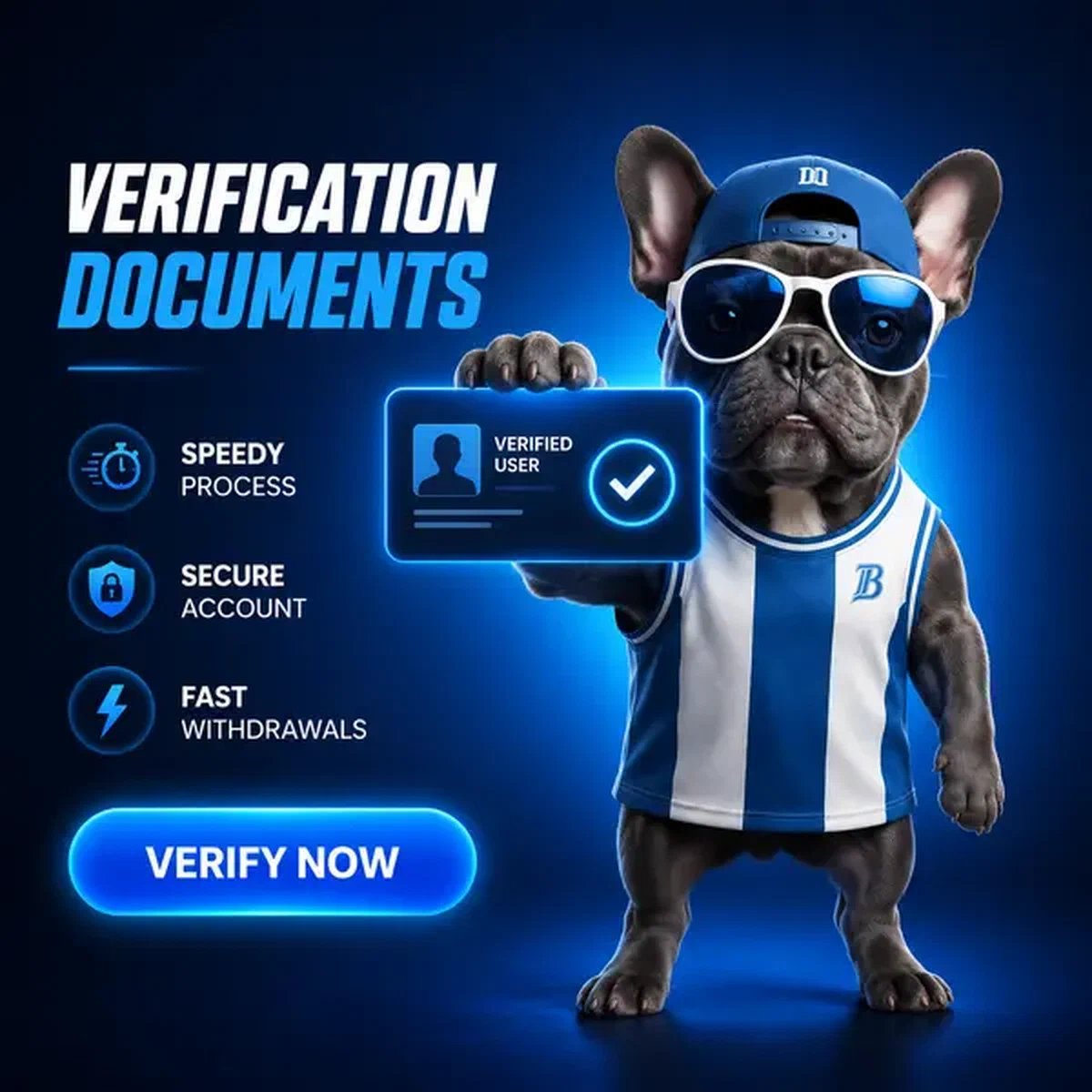 French bulldog confidently presenting ID card for BaxterBet verification process