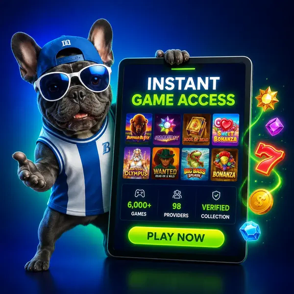 French bulldog presenting instant game library on tablet at BaxterBet signup portal
