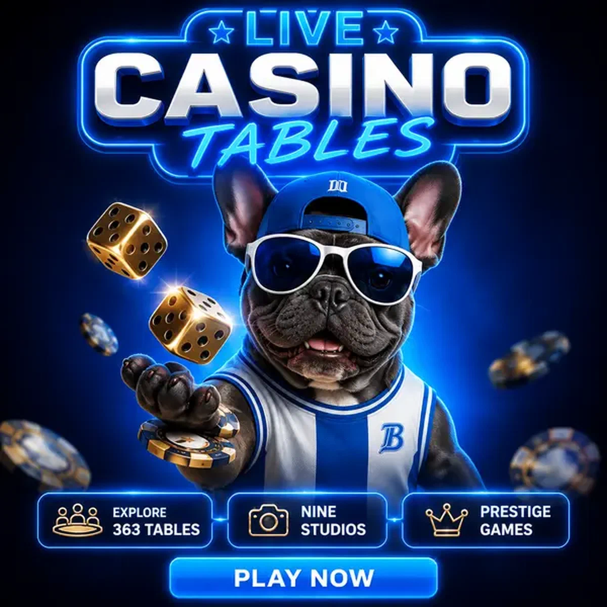 French bulldog tossing golden dice at BaxterBet live casino tables with confident smile