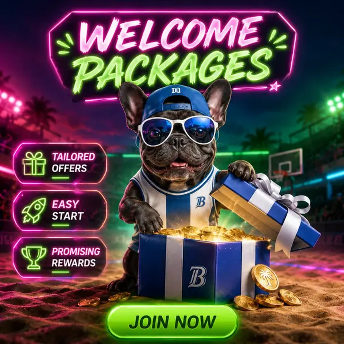 French bulldog unveiling welcome gift box at vibrant affiliate program arena