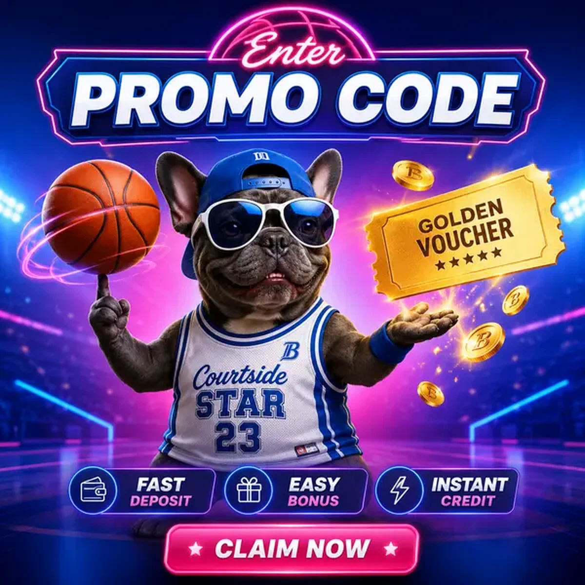 Courtside Star presenting floating promo code voucher at BaxterBet gaming portal