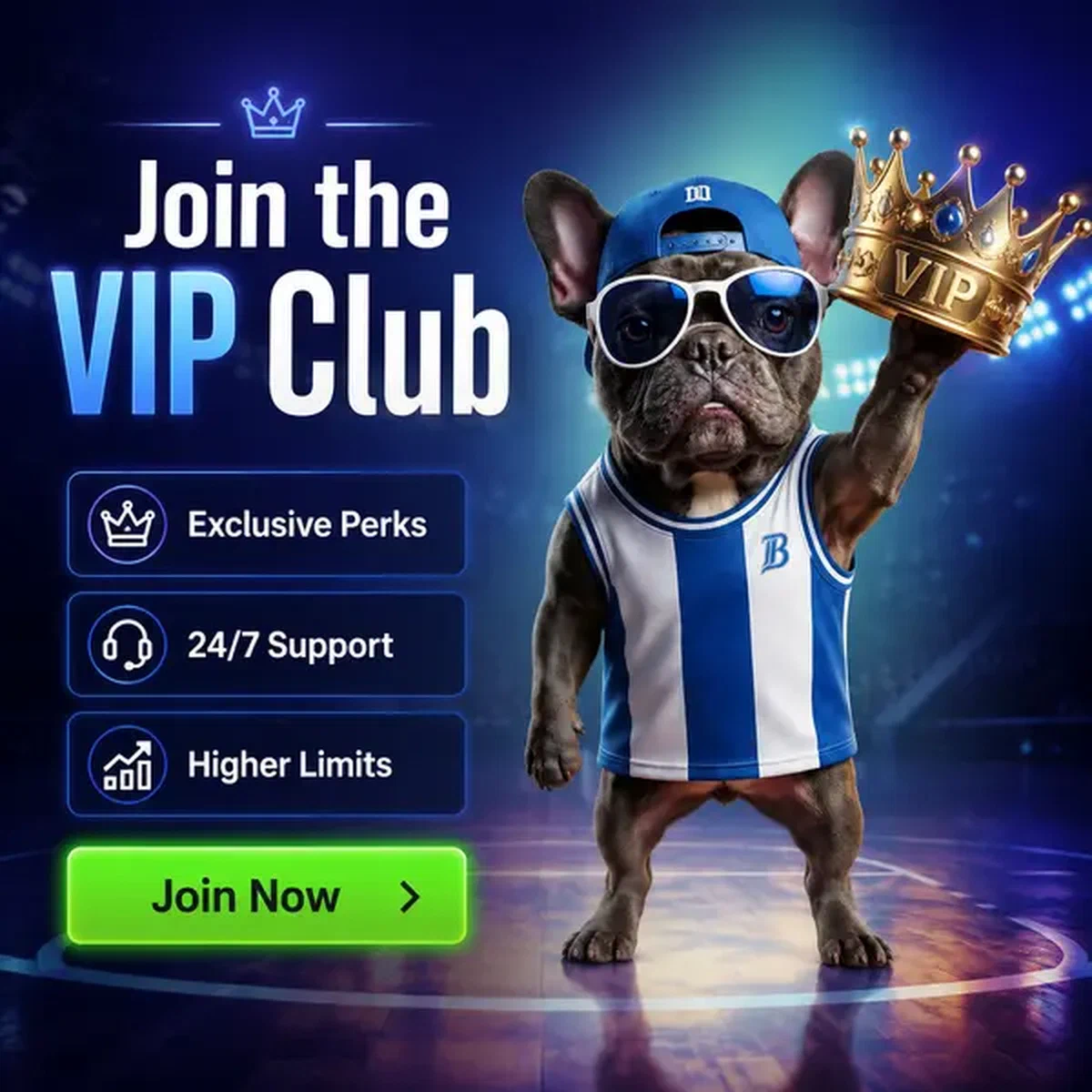 French bulldog gentleman holding golden crown at BaxterBet VIP exclusive club entrance