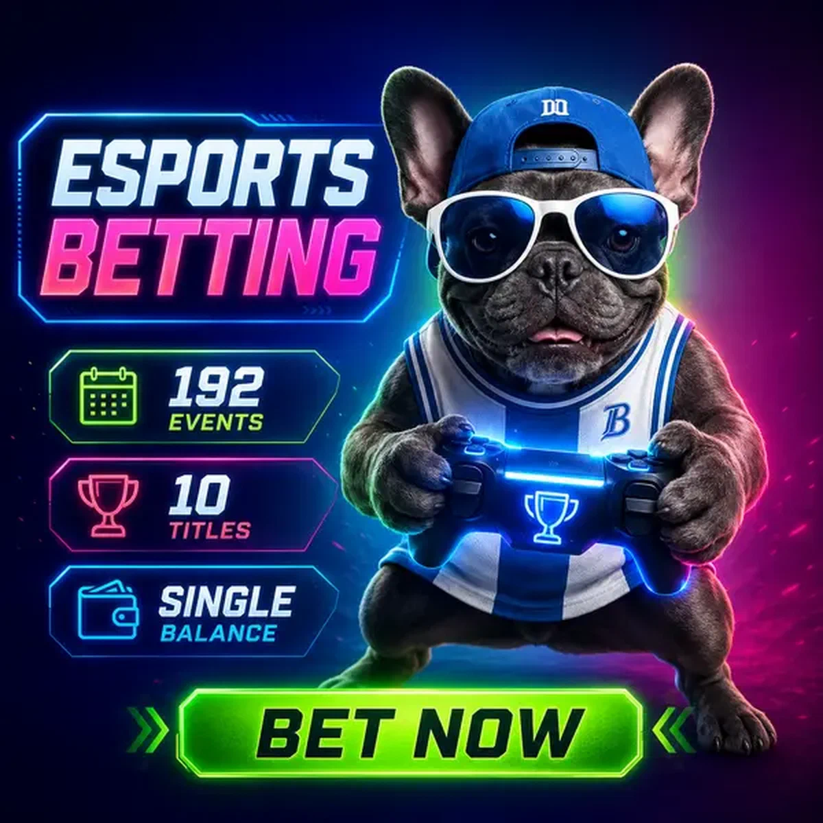 French bulldog mascot playing esports at BaxterBet Sports Betting gaming arena